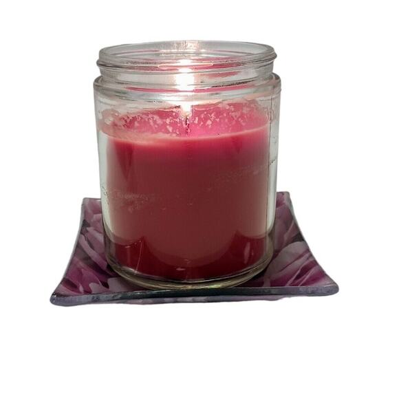 Glass Candle Drip Dish Plate 4" ROSE PETALS Violet Pink Square Romantic Vintage - Picture 11 of 16